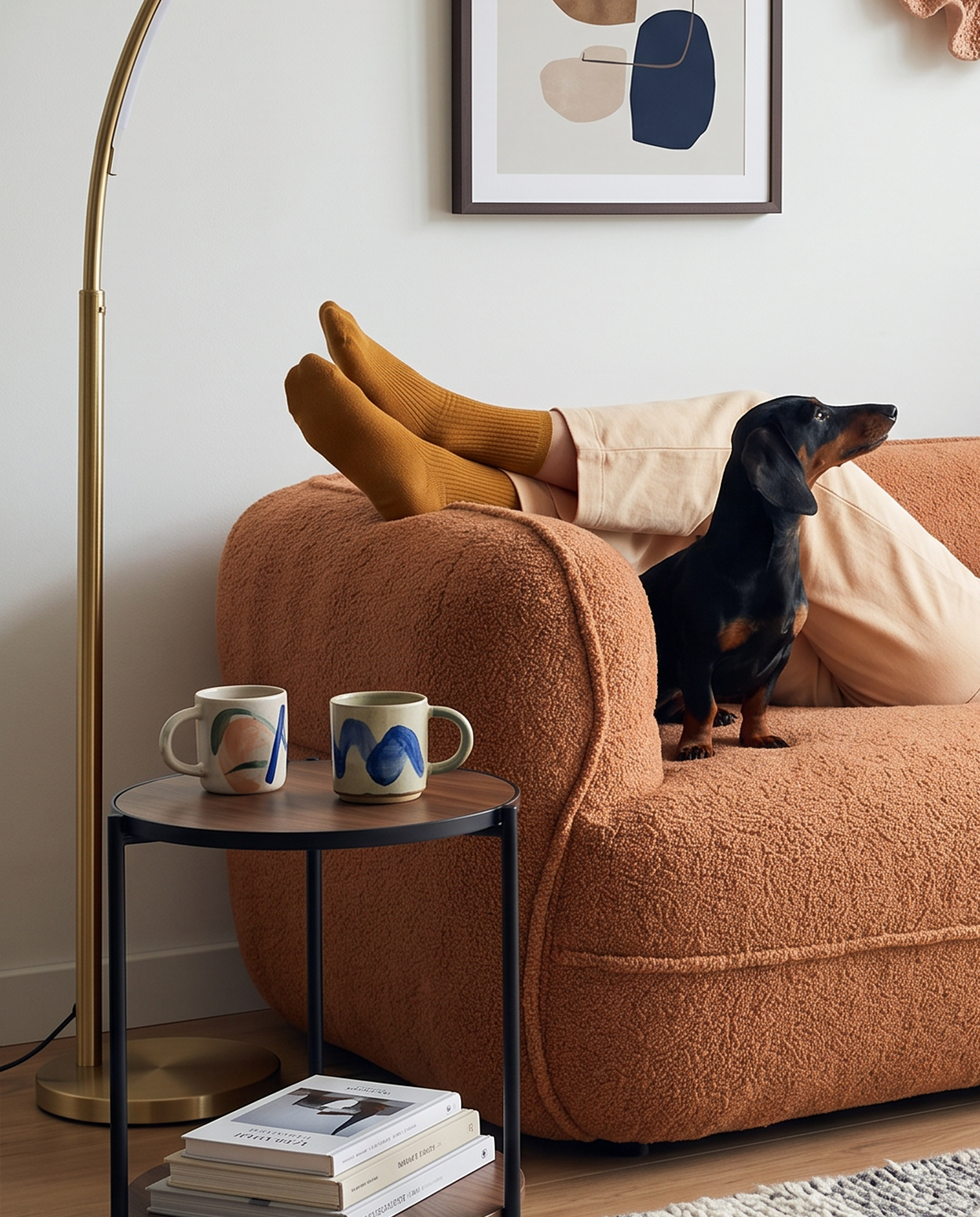Noma Curved Lounge Loveseat in Tangerine styled for relaxed pet-friendly lounging