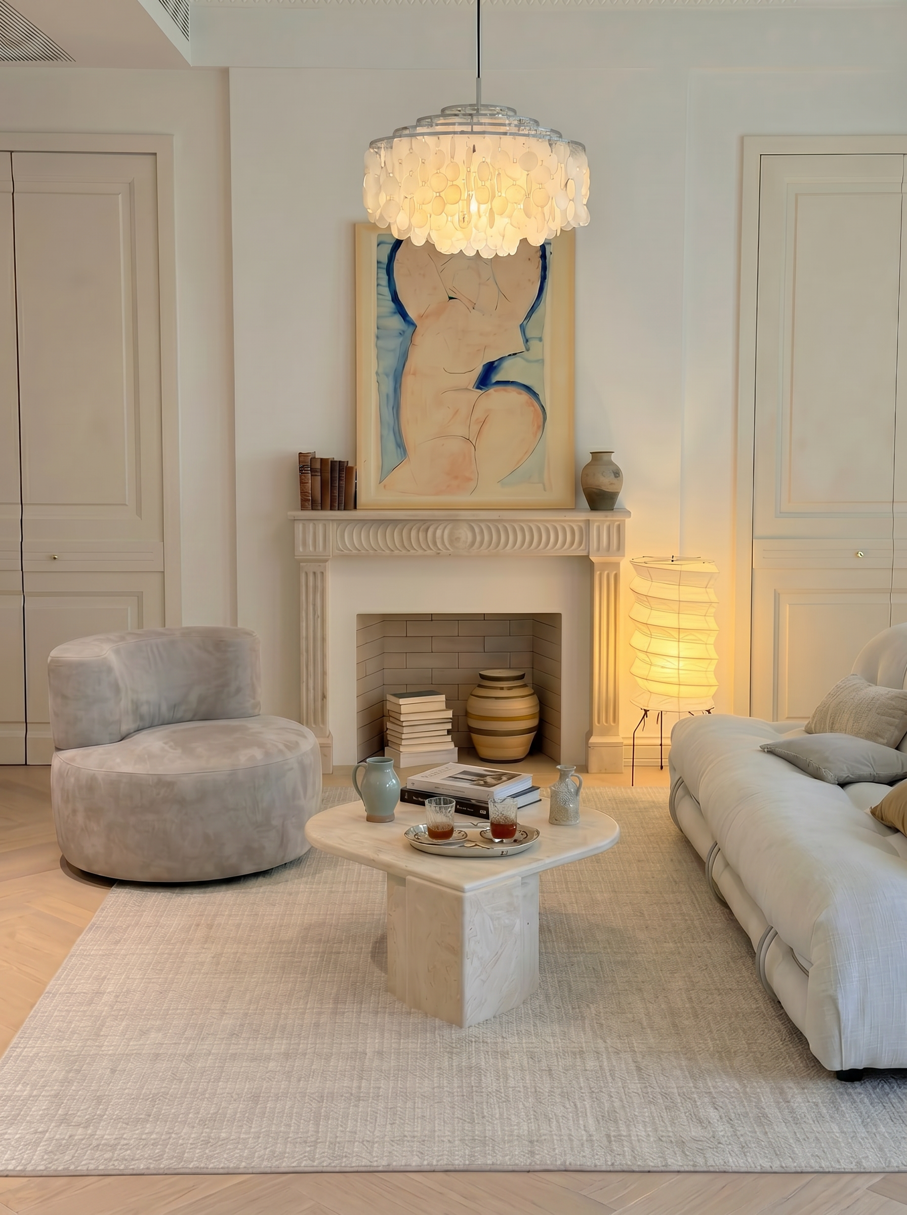 Sola Round Accent Lounge Chair in Light Grey styled in an elegant modern living room
