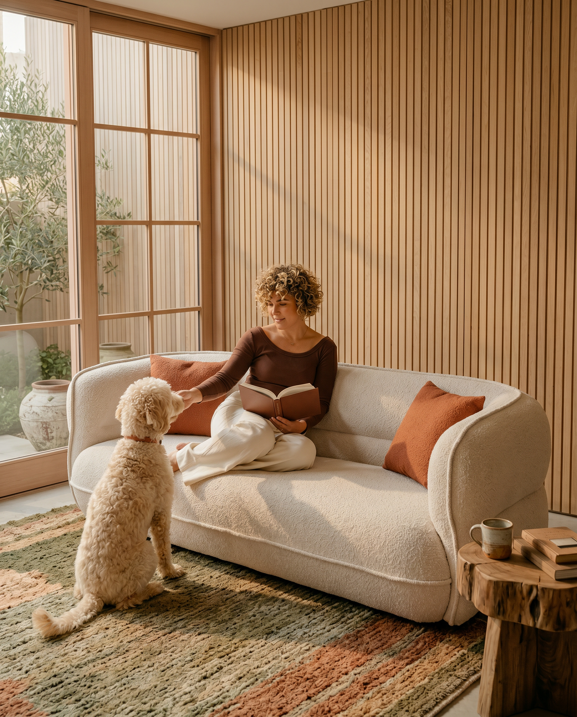 Cream Lune Bouclé Crescent Sofa in a cozy living room for reading and relaxed everyday moments