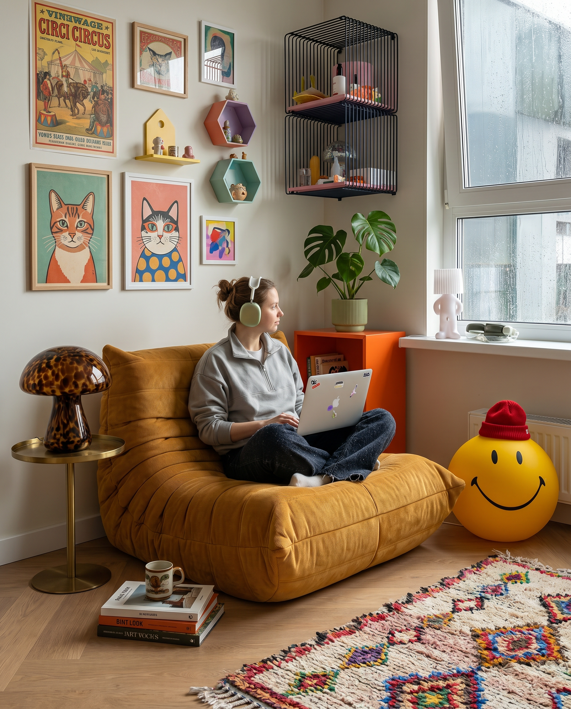 Noma Floor Lounge Chair in Yellow styled for laptop lounging in a playful cozy room