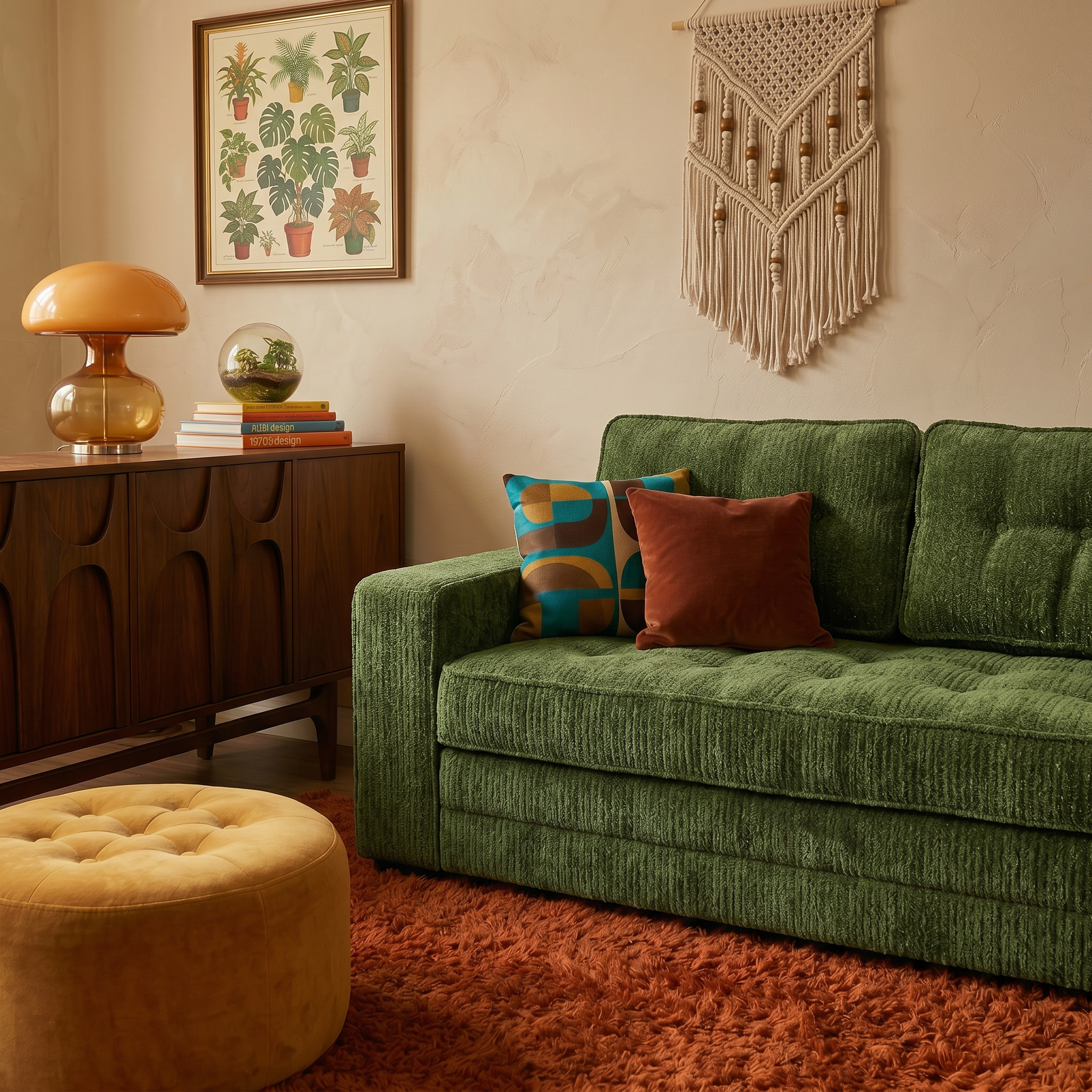 Milo Plush Sleeper Loveseat in Forest Green styled in a warm retro living room