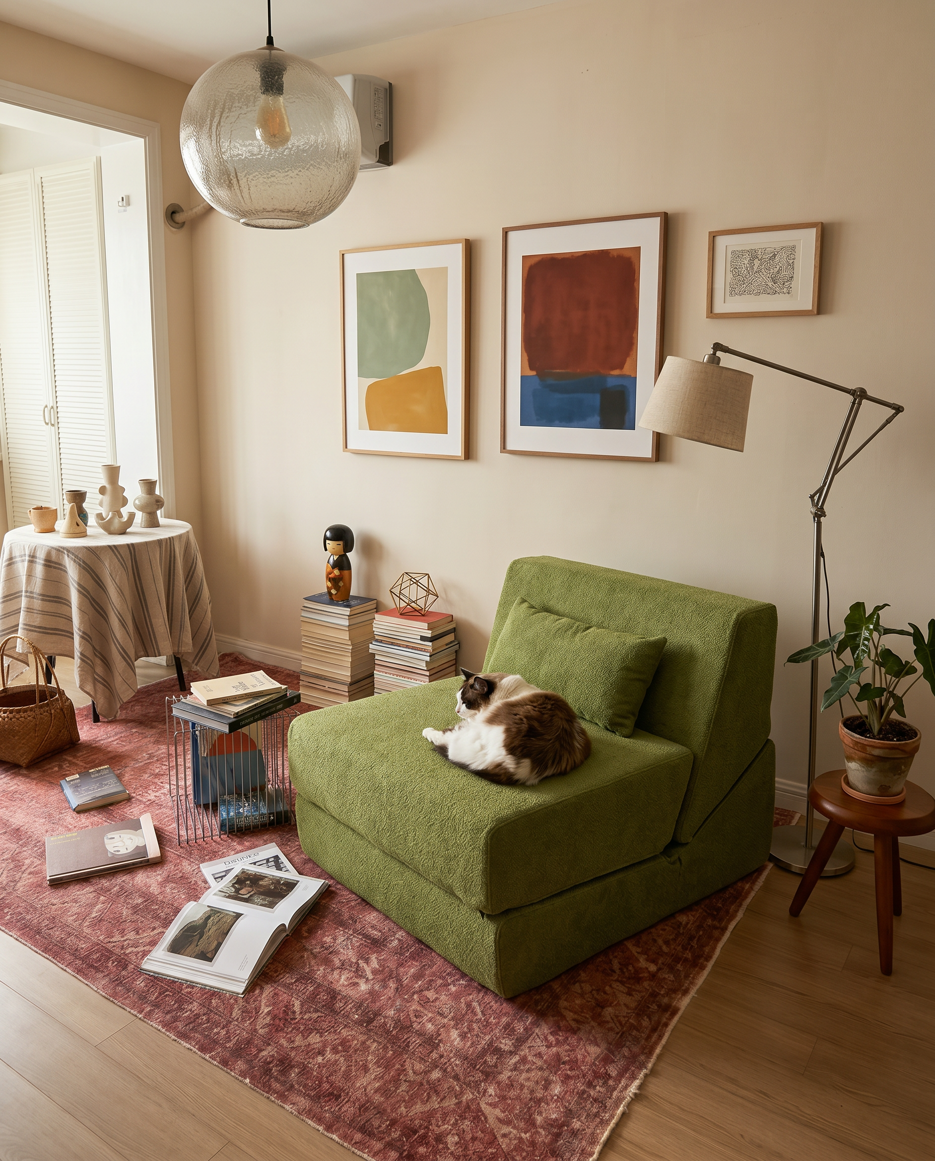 Convertible Lounge Chair Bed in Moss styled in a cozy living room with a cat