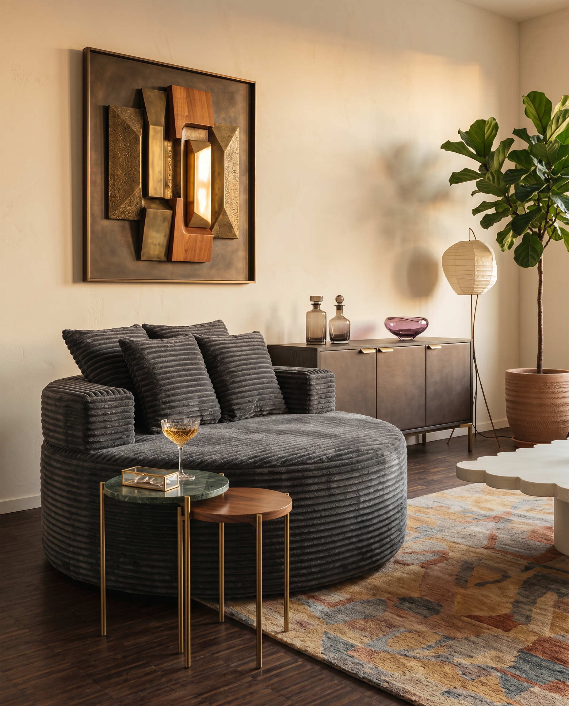 Noma Charcoal Deep Lounge Chair styled in a warm modern living room for relaxed lounging