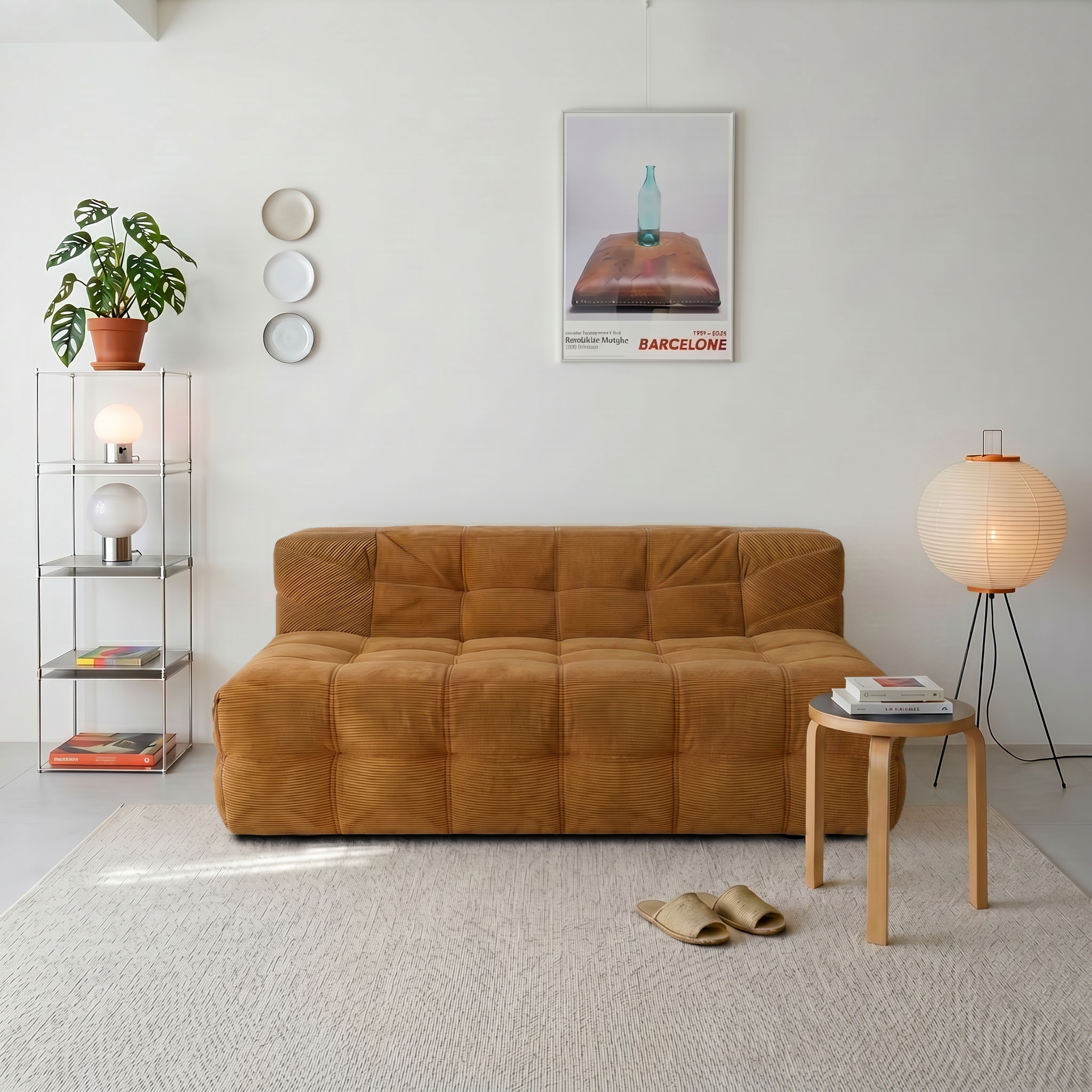 Plush Tufted Lounge Loveseat in Tangerine styled in a bright modern living room