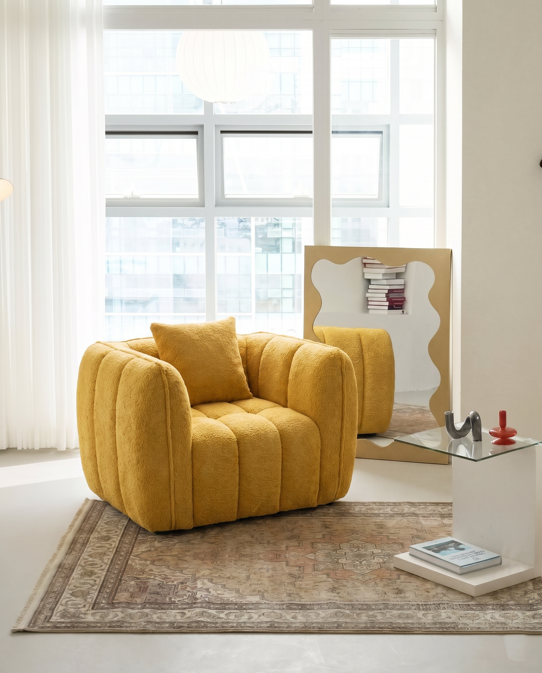 Melo Plush Accent Lounge Chair in Yellow styled in a bright modern lounge corner