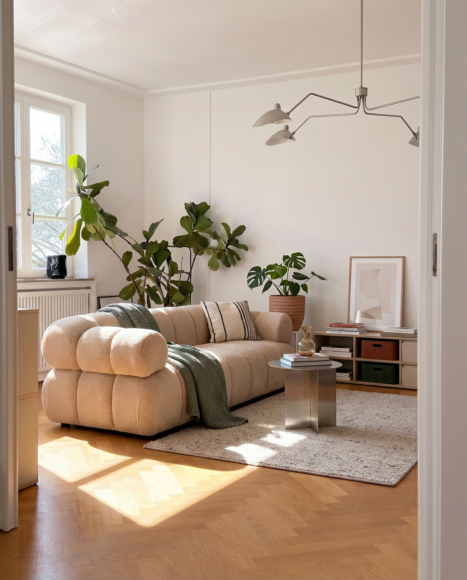 Aven Sculptural Offset Sofa styled as a sculptural centerpiece in a calm living space