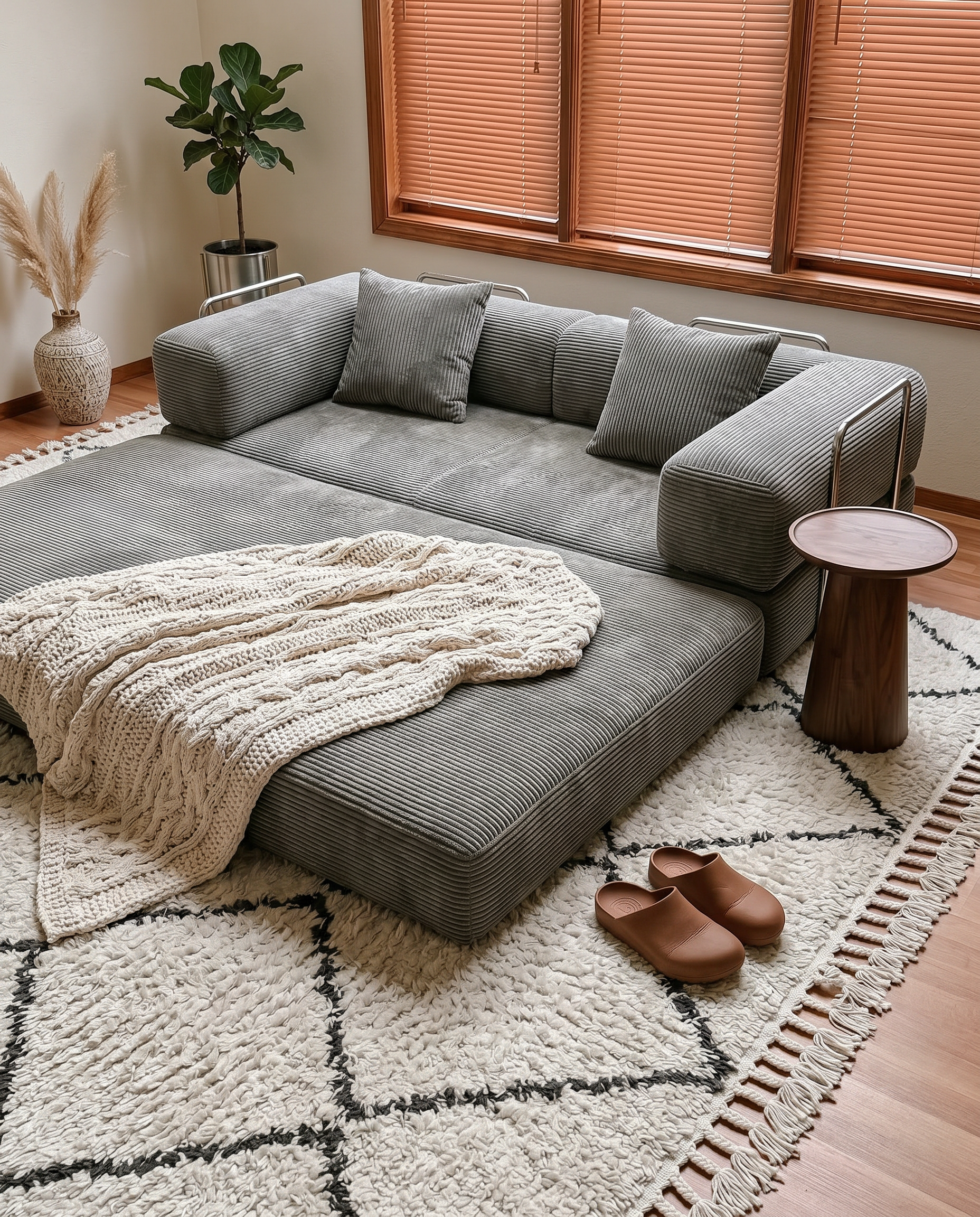 Milo Corduroy Sleeper Sofa in Light Grey styled as a flexible modular lounge bed with soft corduroy upholstery
