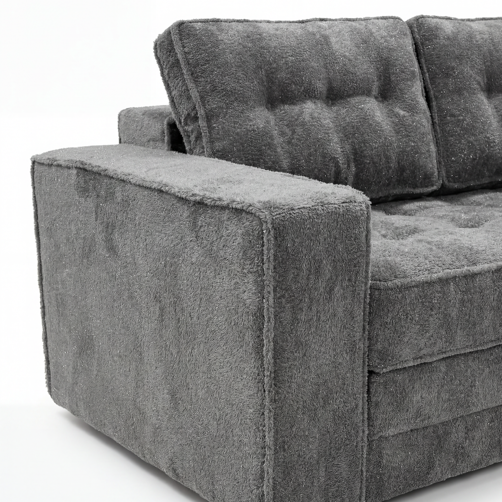 Milo Plush Sleeper Loveseat in Gray with plush armrest, cushion, and backrest detail