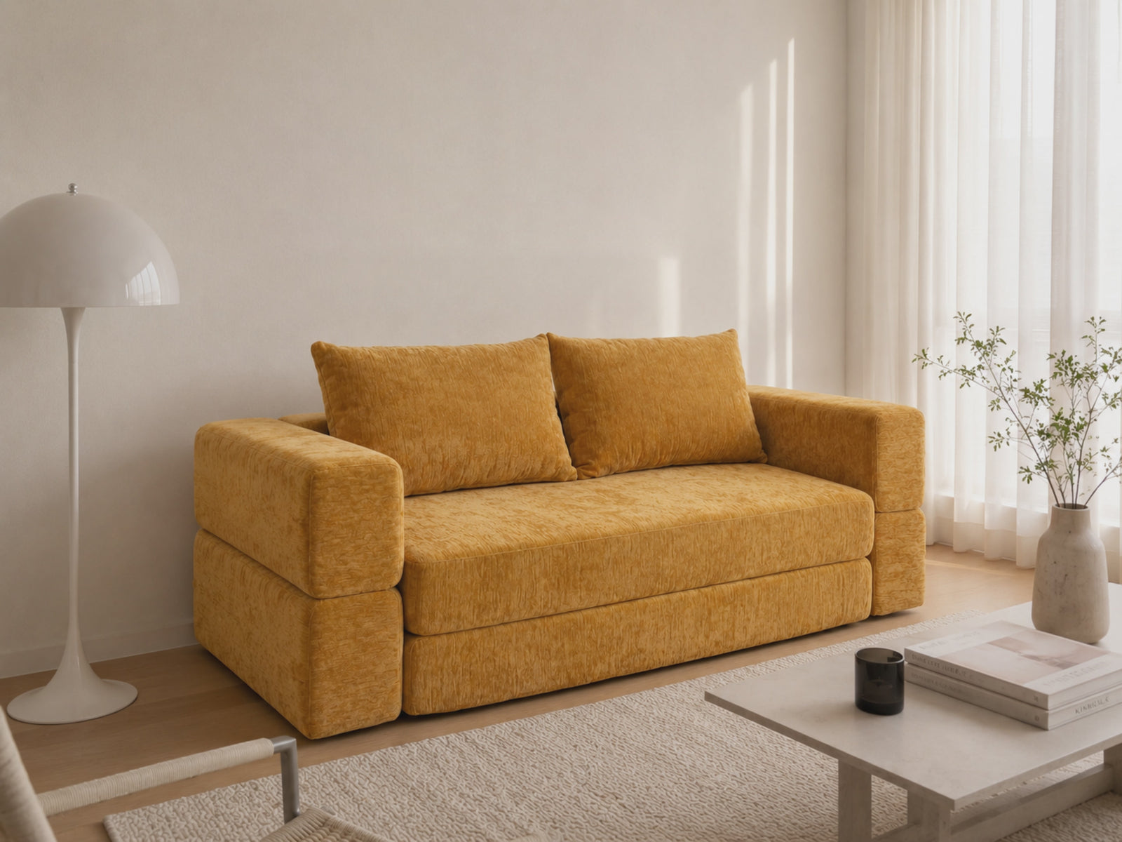Nido Lounge Bed Sofa in Yellow styled for relaxed family lounging in a warm living room