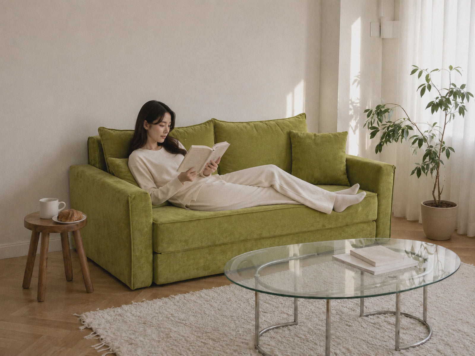 Terra Low-Profile Sleeper Sofa in Moss styled for movie nights and relaxed lounging