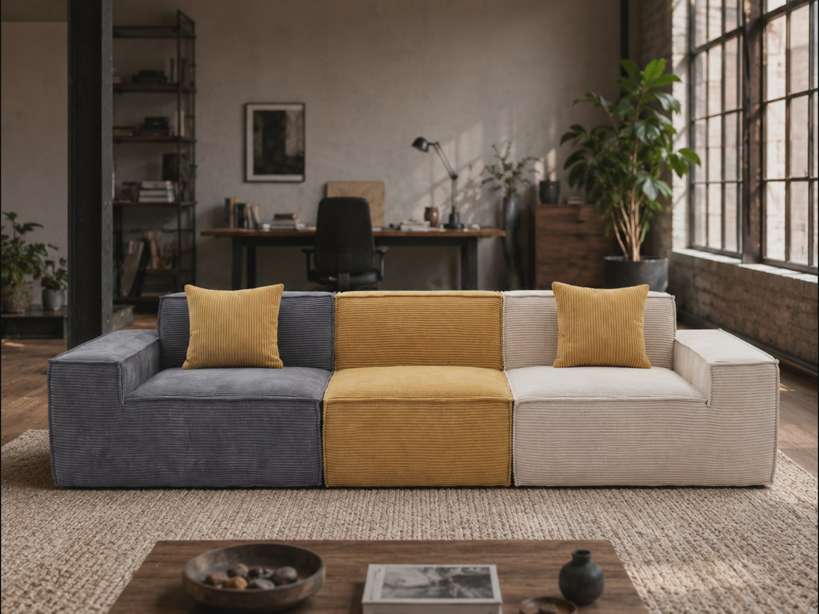 Kivo Modular Sofa video showing mix-and-match charcoal, mustard, and cream modules for flexible room layouts
