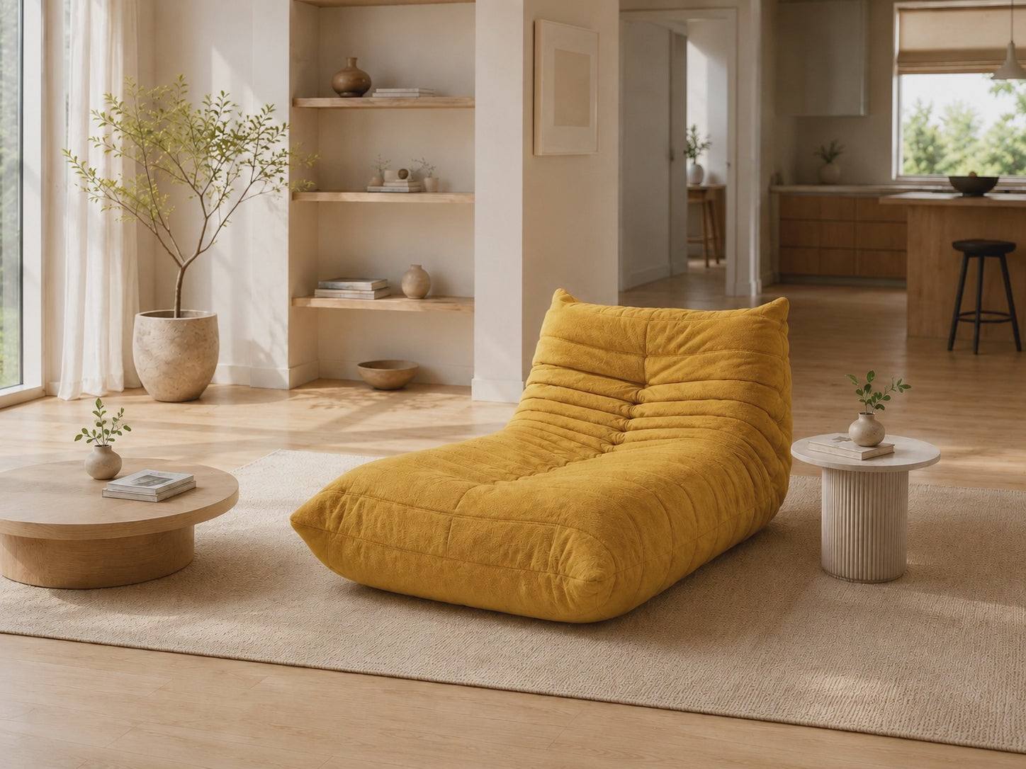 Caterpillar Cream Chaise Lounge in Yellow styled in a warm open living room