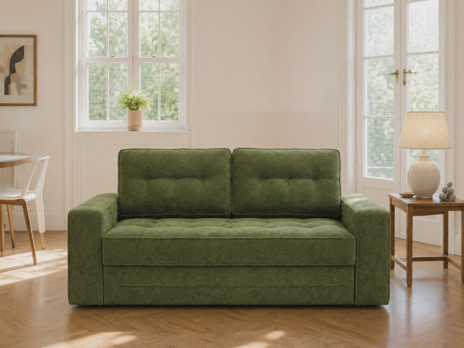 Milo Plush Sleeper Loveseat in Forest Green styled in a bright living room for everyday lounging