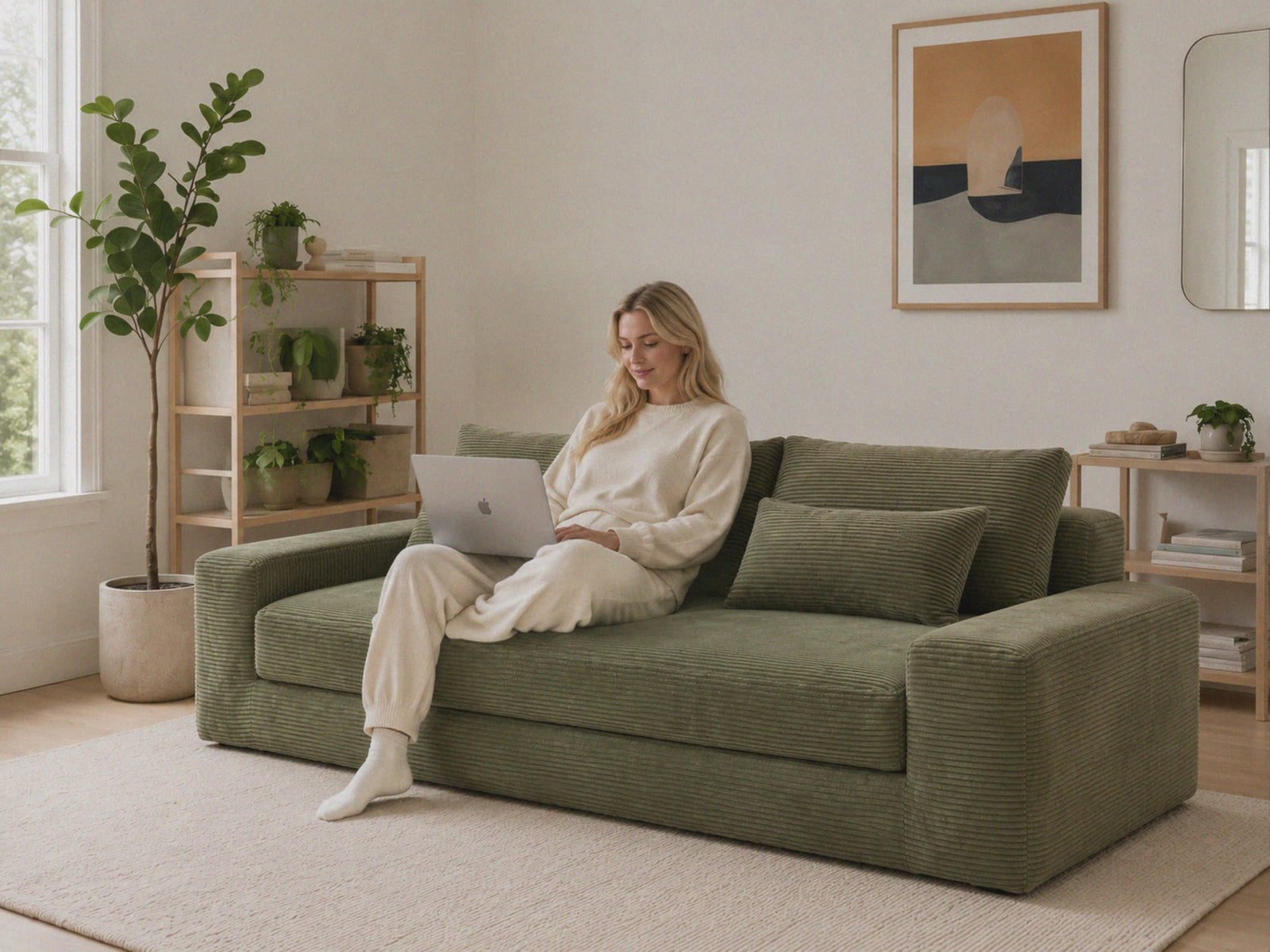 Haven Low-Profile Sleeper Sofa in Moss styled in a bright living room for everyday lounging
