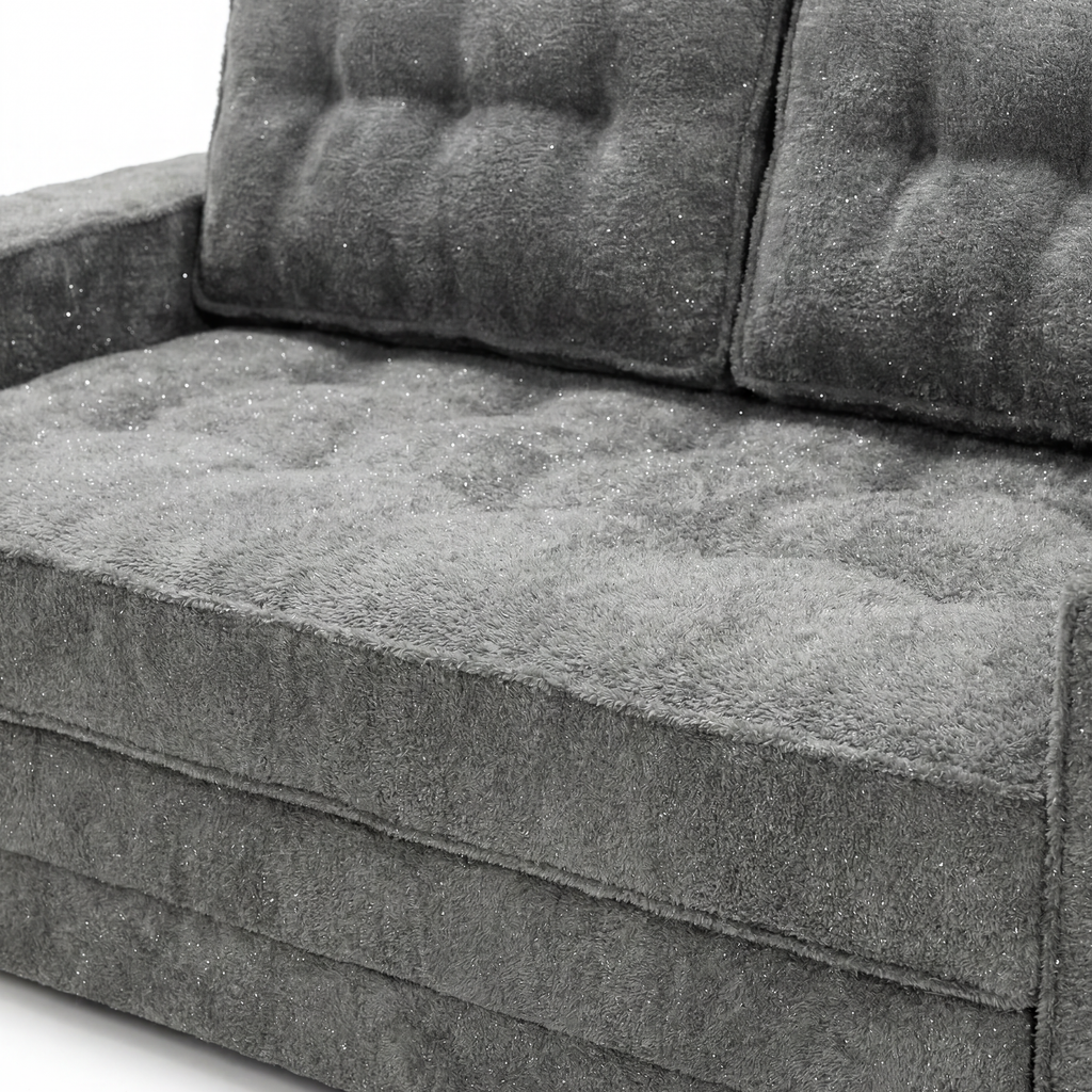 Milo Plush Sleeper Loveseat in Gray with plush cushion and tufted backrest detail