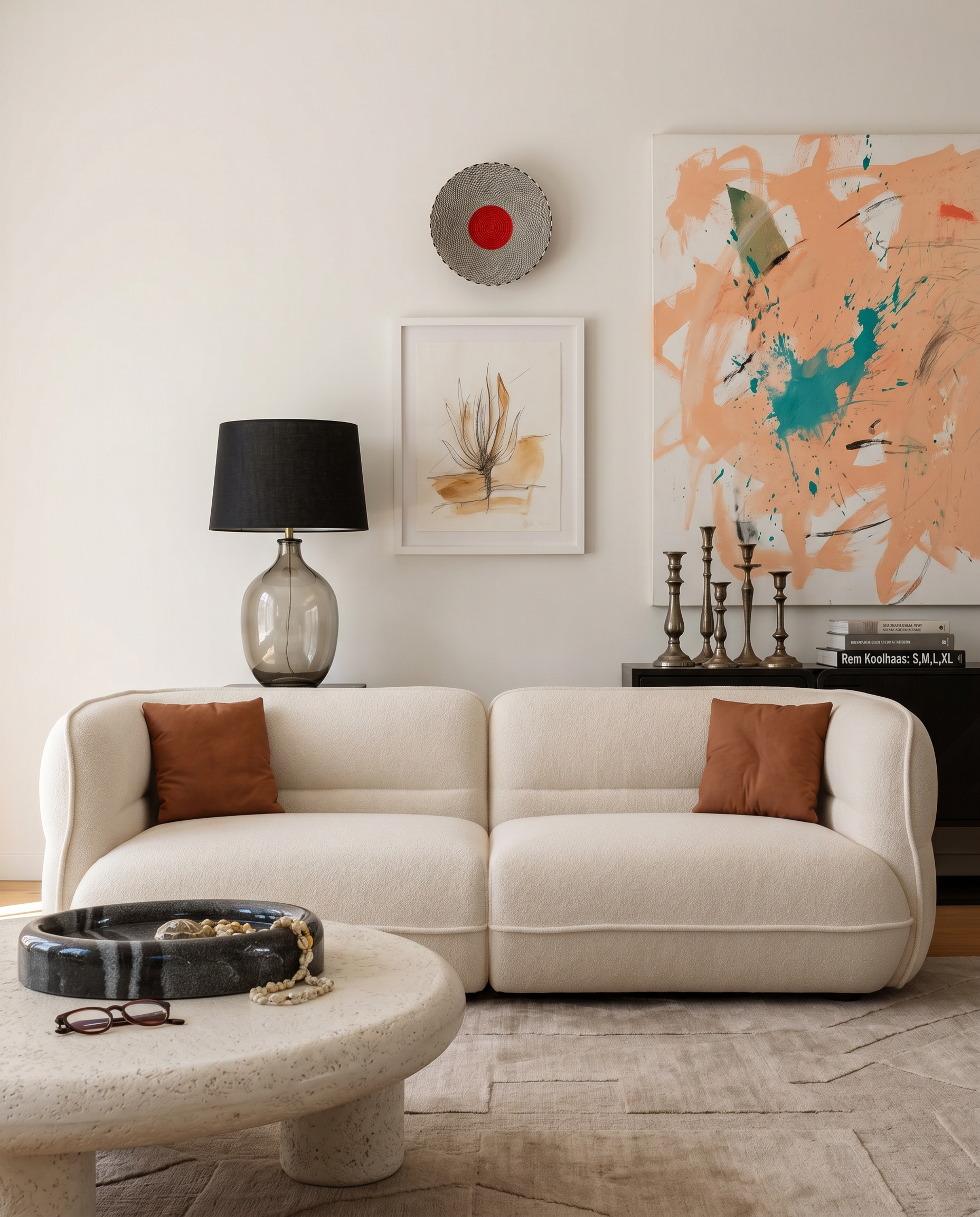 Lune Bouclé Modular Curved Sofa styled in a modern art-inspired living room